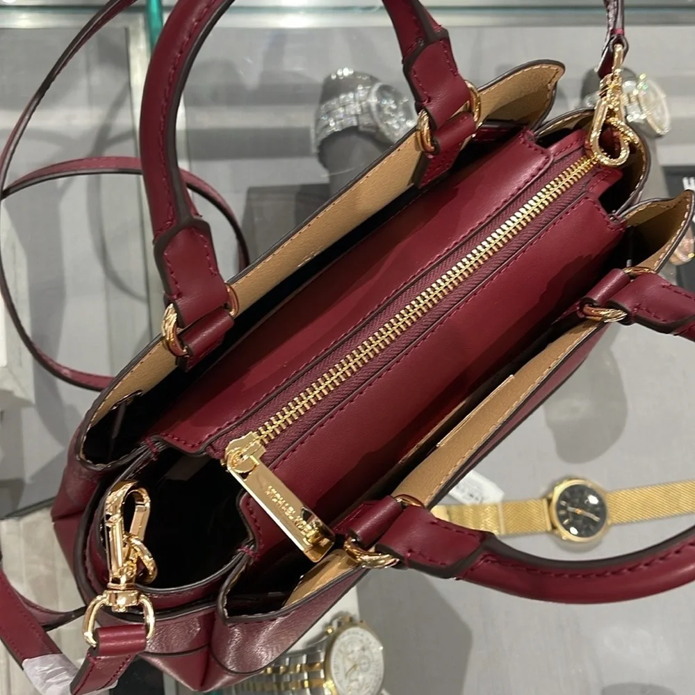 Michael Kors Reed Small Dark Cherry Leather Center Zip Belted Satchel Purse  NWT